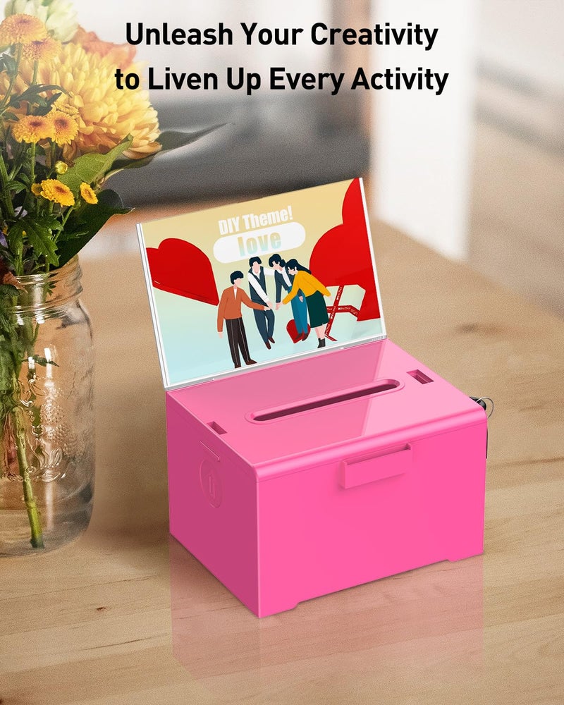 Uniclife Acrylic Donation Box with Lock and Sign Holder Pink Ballot Box with Slot Plastic Suggestion Box Tip Jar Cash Storage Container Drop Box for Fundraising Voting Raffle Charity, 6.2" x 5" x 4" - Image 2