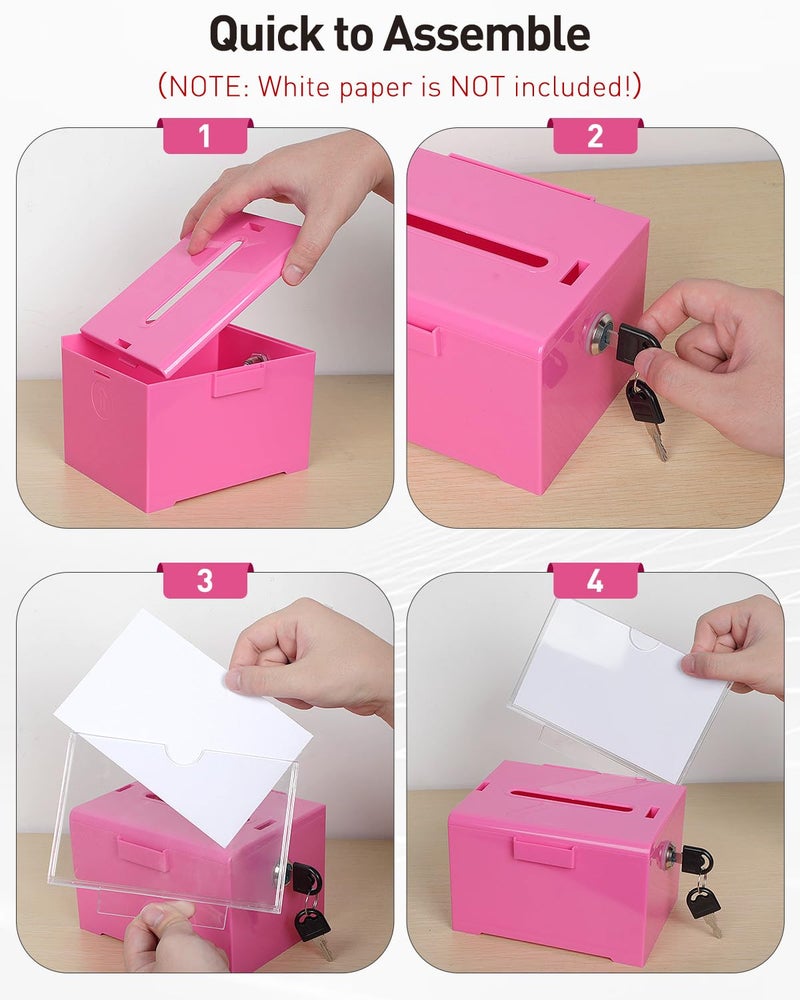 Uniclife Acrylic Donation Box with Lock and Sign Holder Pink Ballot Box with Slot Plastic Suggestion Box Tip Jar Cash Storage Container Drop Box for Fundraising Voting Raffle Charity, 6.2" x 5" x 4" - Image 5