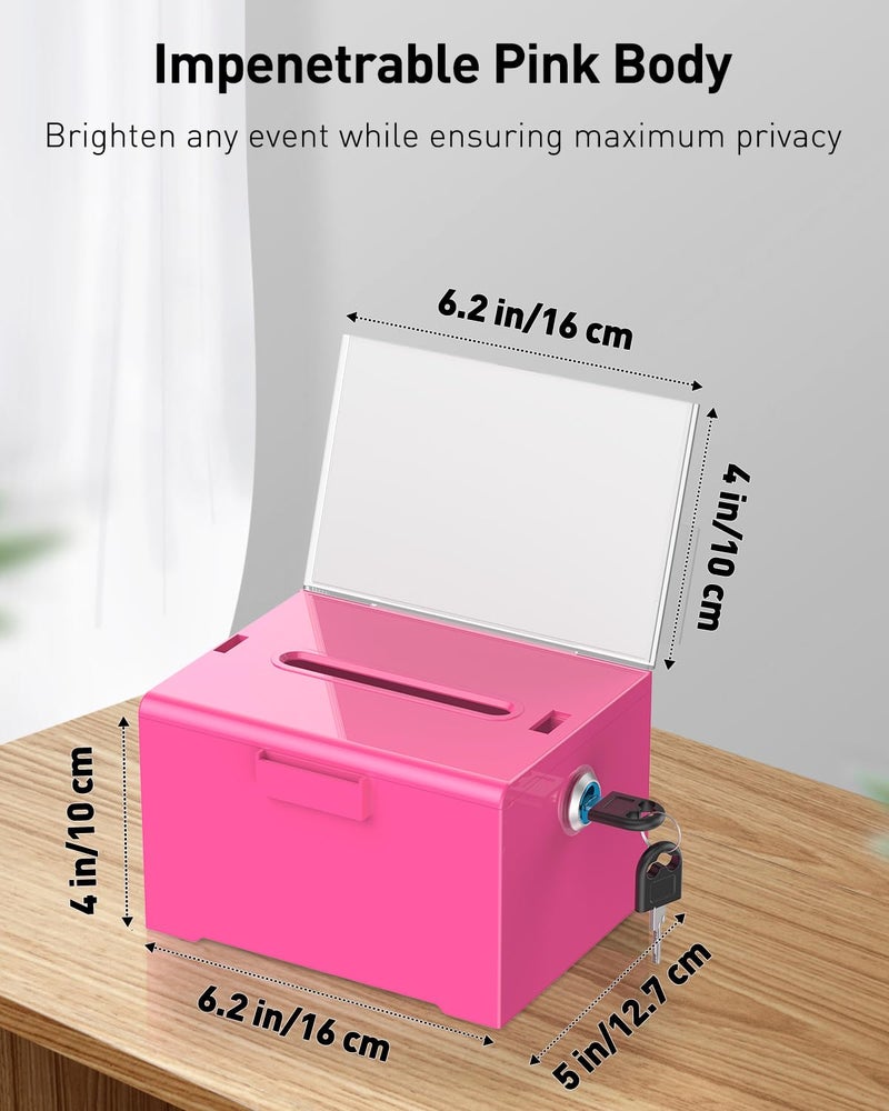 Uniclife Acrylic Donation Box with Lock and Sign Holder Pink Ballot Box with Slot Plastic Suggestion Box Tip Jar Cash Storage Container Drop Box for Fundraising Voting Raffle Charity, 6.2" x 5" x 4" - Image 4