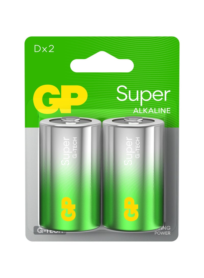 جي بي باتاريز بطاريات GP Super Alkaline D، عبوتان - بطاقة نفطة PET، طاقة تدوم طويلاً للأجهزة عالية الاستنزاف، شاشة بخطاف واحد، تصميم مقاوم للتسرب، مثالية للمصابيح الكهربائية والألعاب والمزيد (A21)  - Image 1