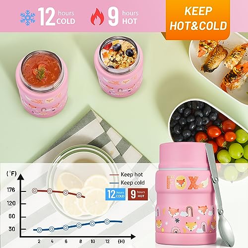 Charcy 17oz Thermo for Hot Food, Insulated Lunch Food Container with Folding Spoon QB - Pink Fox - Image 4