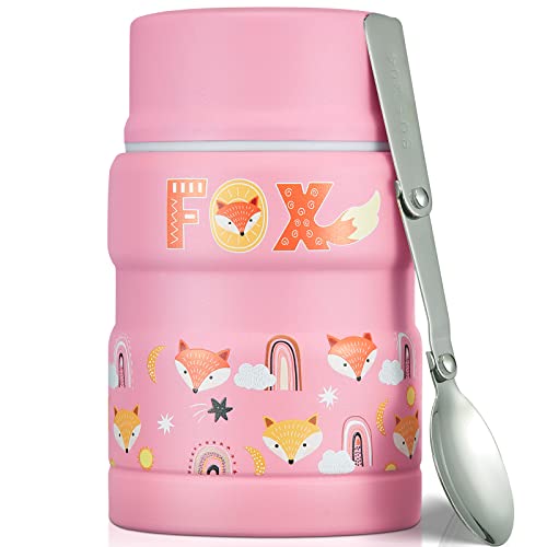 Charcy 17oz Thermo for Hot Food, Insulated Lunch Food Container with Folding Spoon QB - Pink Fox - Image 1