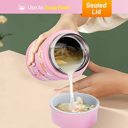 Charcy 17oz Thermo for Hot Food, Insulated Lunch Food Container with Folding Spoon QB - Pink Fox - Image 5