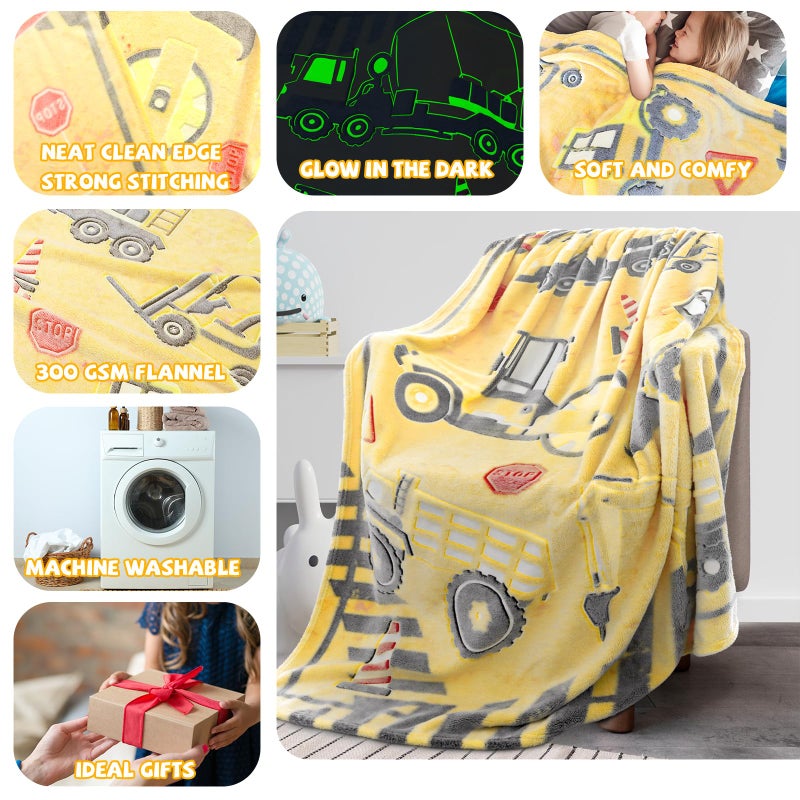 REXEO Tractor Blanket Glow in The Dark Truck Blanket for Kids Cute Soft Excavators Throw for Boys Fleece Construction Toddler Boy Birthday Gifts for Kids - Image 3