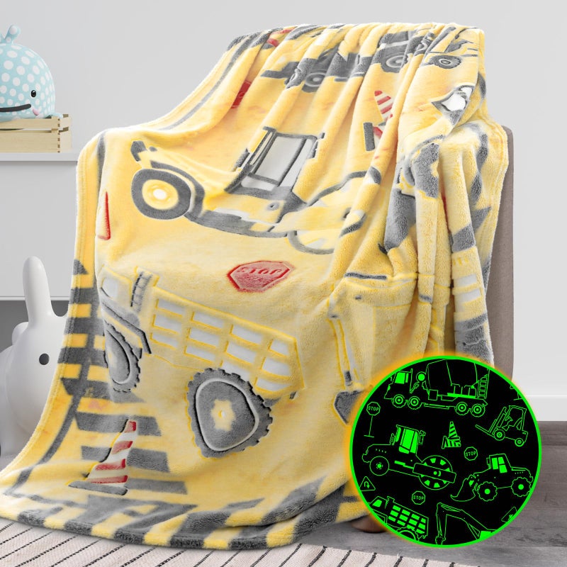 REXEO Tractor Blanket Glow in The Dark Truck Blanket for Kids Cute Soft Excavators Throw for Boys Fleece Construction Toddler Boy Birthday Gifts for Kids - Image 1