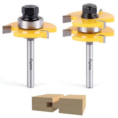 Flytuo 2PCS Tongue and Groove Set 1/4 Inch Shank Router Bit Set, 3 Teeth Adjustable T Shape Wood Milling Cutter - Image 1