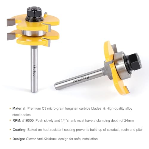 Flytuo 2PCS Tongue and Groove Set 1/4 Inch Shank Router Bit Set, 3 Teeth Adjustable T Shape Wood Milling Cutter - Image 4
