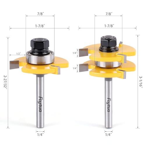 Flytuo 2PCS Tongue and Groove Set 1/4 Inch Shank Router Bit Set, 3 Teeth Adjustable T Shape Wood Milling Cutter - Image 2