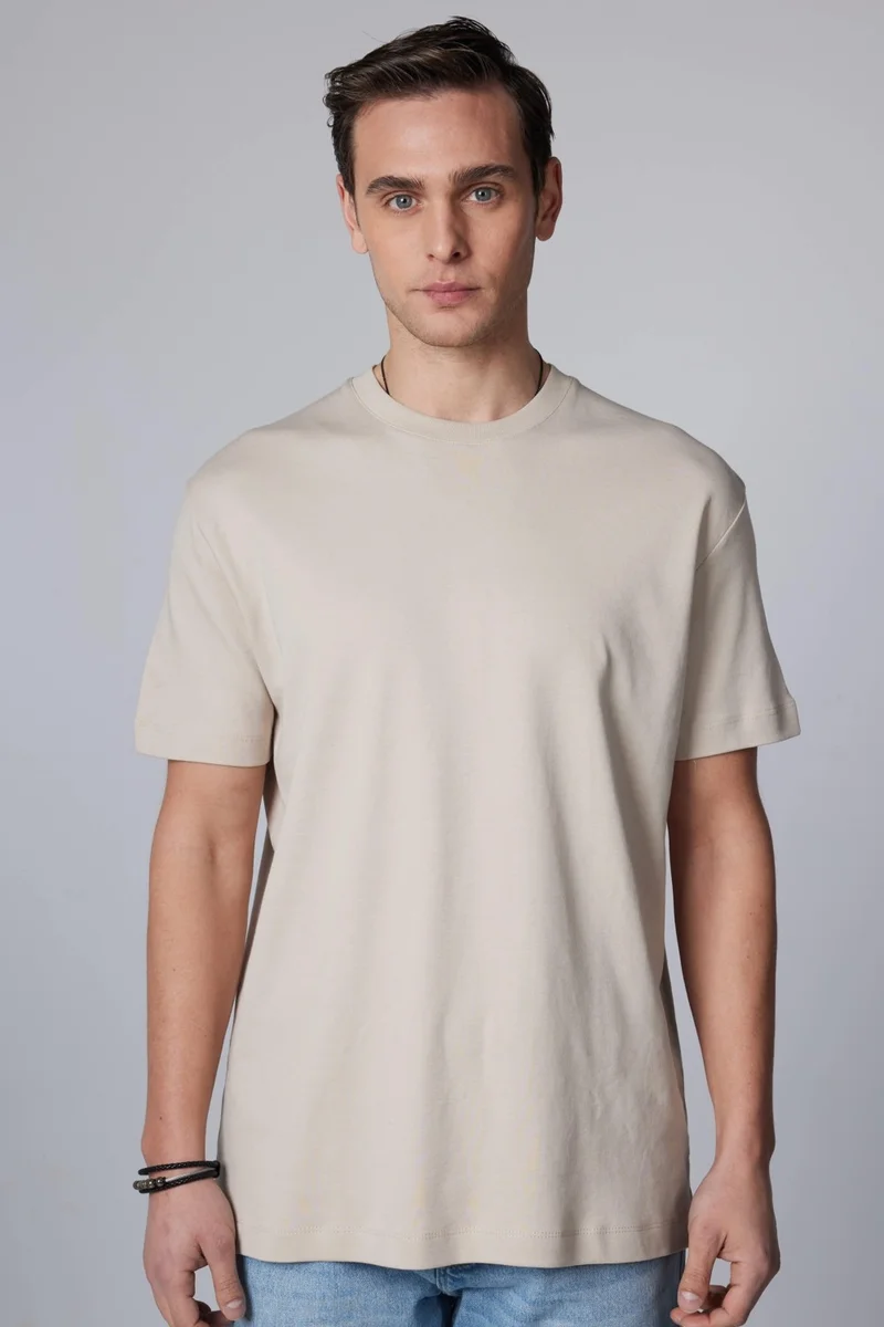 Tudors Relax Fit Comfortable Cut Cotton Soft Textured Basic Crew Neck Stone T-Shirt