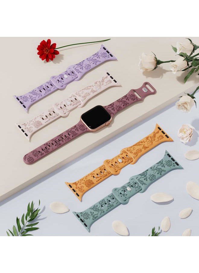 SuperNaNa - 2 Pack Floral Engraved Silicone Bands Compatible with Apple Watch Band 40mm 38mm 44mm 41mm 42mm 45mm 49mm Women,Cute Wildflowers Rose Flower Soft Sport Strap for iWatch Bands Series SE 8 6 5 4 3 Ultra - Image 1