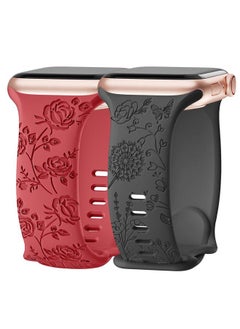 SuperNaNa 2 Pack Floral Engraved Silicone Bands Compatible with Apple Watch Band 40mm 38mm 44mm 41mm 42mm 45mm 49mm Women,Cute Wildflowers Rose Flower Soft Sport Strap for iWatch Bands Series SE 8 6 5 4 3 Ultra  - Image 1