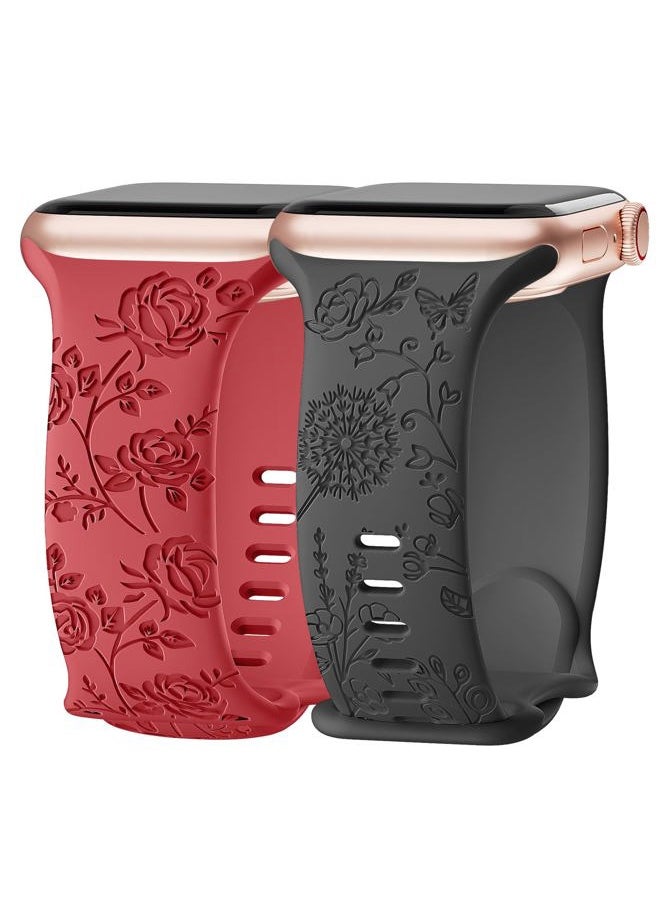 SuperNaNa - 2 Pack Floral Engraved Silicone Bands Compatible with Apple Watch Band 40mm 38mm 44mm 41mm 42mm 45mm 49mm Women,Cute Wildflowers Rose Flower Soft Sport Strap for iWatch Bands Series SE 8 6 5 4 3 Ultra - Image 1