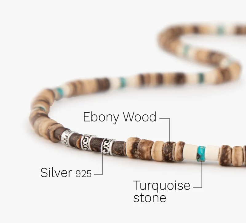 Minza  Minza “Bandy” Men’s Necklace, Sterling Silver 925 Beads, Ebony Wood & Turquoise Jasper Stones, Handmade Adjustable Hemp Cord Necklace, Jewelry for Casual & Everyday Wear  | Best Price UAE