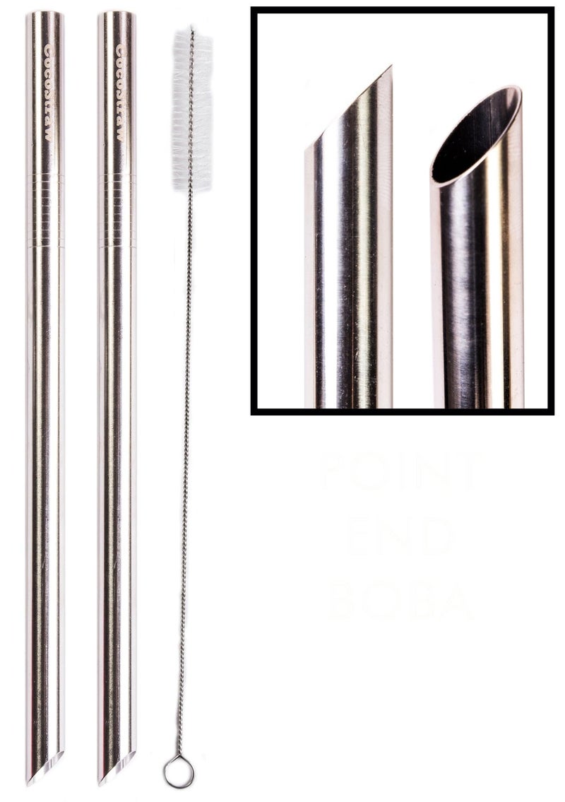 CocoStraw 2 Point End BOBA Straw Stainless Steel Extra Wide 1/2" x 9.5" Long Tapioca Pearl Bubble Tea Thick FAT Poke Puncture - CocoStraw Brand - Image 1