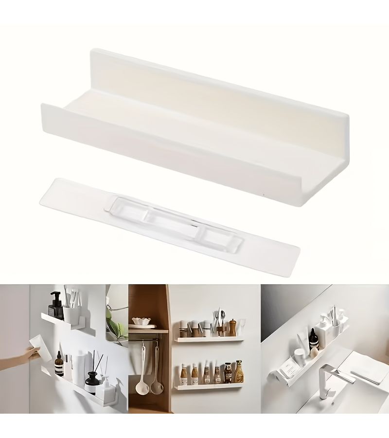 2pcs No Drill Self Adhesive Wall Shelves White Adjustable Length Multi Purpose Storage Rack Durable Plastic Organizer For Bathroom Kitchen Bedroom Living Room Farmhouse Style Space Saving Modern Design Minimalist Shelving Unit - Image 4