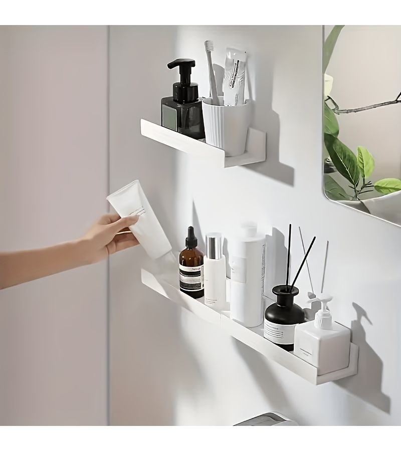 2pcs No Drill Self Adhesive Wall Shelves White Adjustable Length Multi Purpose Storage Rack Durable Plastic Organizer For Bathroom Kitchen Bedroom Living Room Farmhouse Style Space Saving Modern Design Minimalist Shelving Unit - Image 2