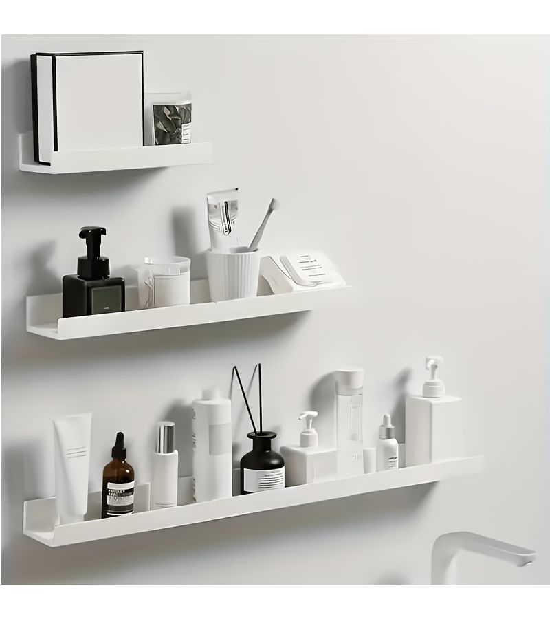 2pcs No Drill Self Adhesive Wall Shelves White Adjustable Length Multi Purpose Storage Rack Durable Plastic Organizer For Bathroom Kitchen Bedroom Living Room Farmhouse Style Space Saving Modern Design Minimalist Shelving Unit - Image 1