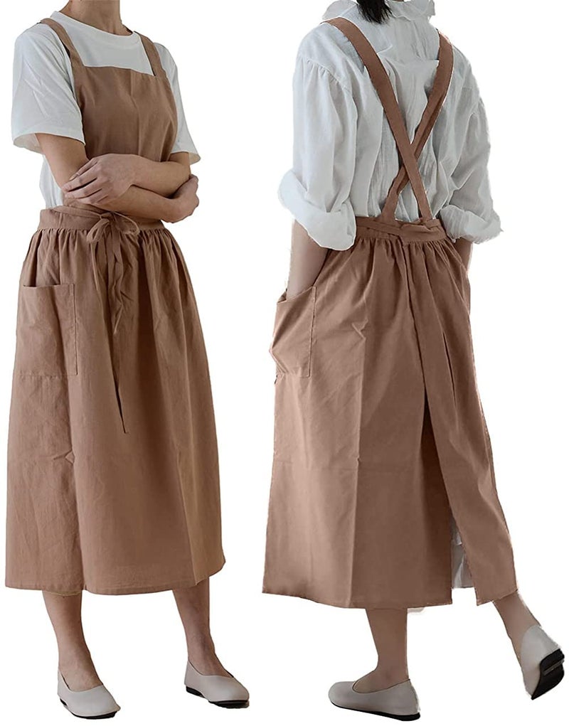 FADUOFA Cotton Linen Apron Japanese Style Waterproof Aprons With Pockets for Kitchen Cafe Flower Shop Smock (Light Brown) - Image 1