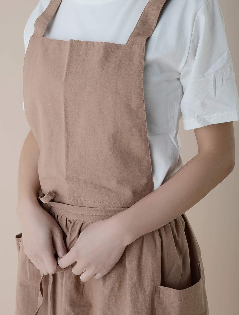 FADUOFA Cotton Linen Apron Japanese Style Waterproof Aprons With Pockets for Kitchen Cafe Flower Shop Smock (Light Brown) - Image 3