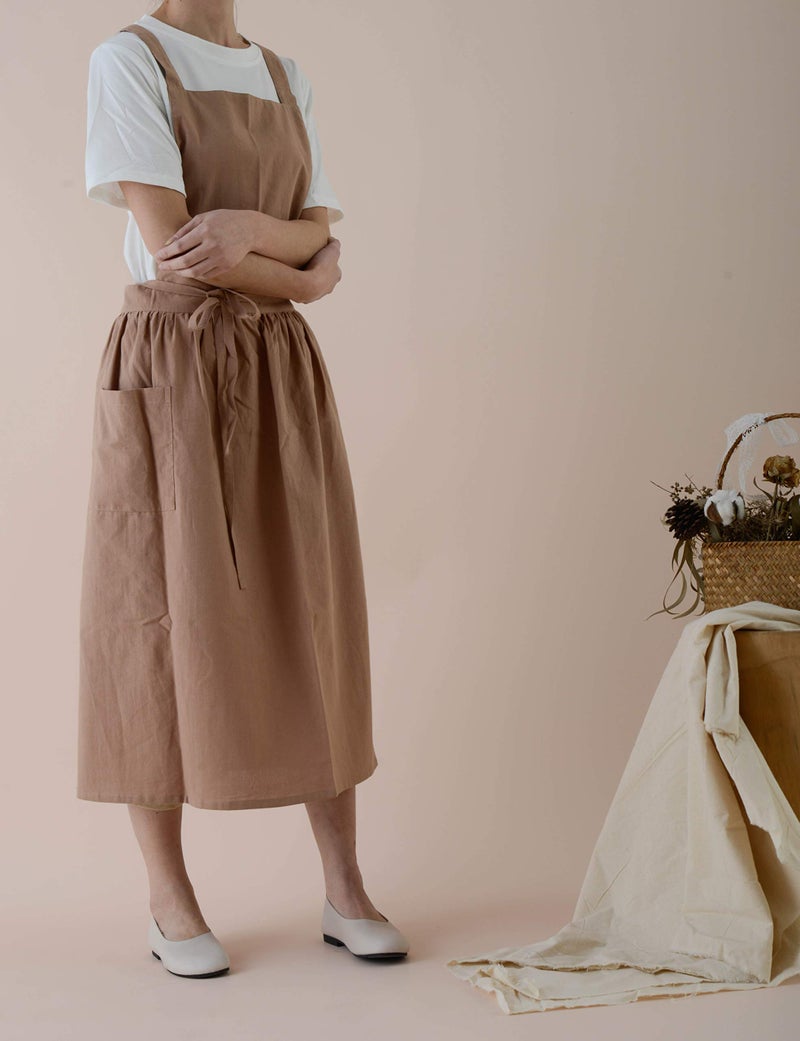 FADUOFA Cotton Linen Apron Japanese Style Waterproof Aprons With Pockets for Kitchen Cafe Flower Shop Smock (Light Brown) - Image 2
