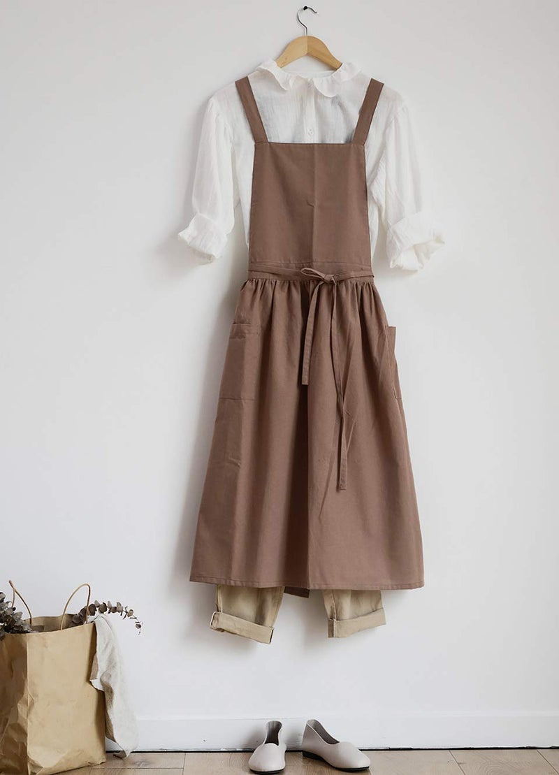 FADUOFA Cotton Linen Apron Japanese Style Waterproof Aprons With Pockets for Kitchen Cafe Flower Shop Smock (Light Brown) - Image 4