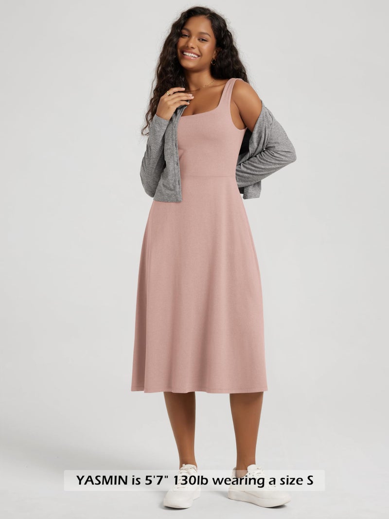 ODODOS Women's Square Neck Midi Dress with Pockets - Ultra Soft odSTRATUM Tech Summer Sleeveless Sundress Flare Tank Dress, Rose Pink Heather, Medium - Image 4