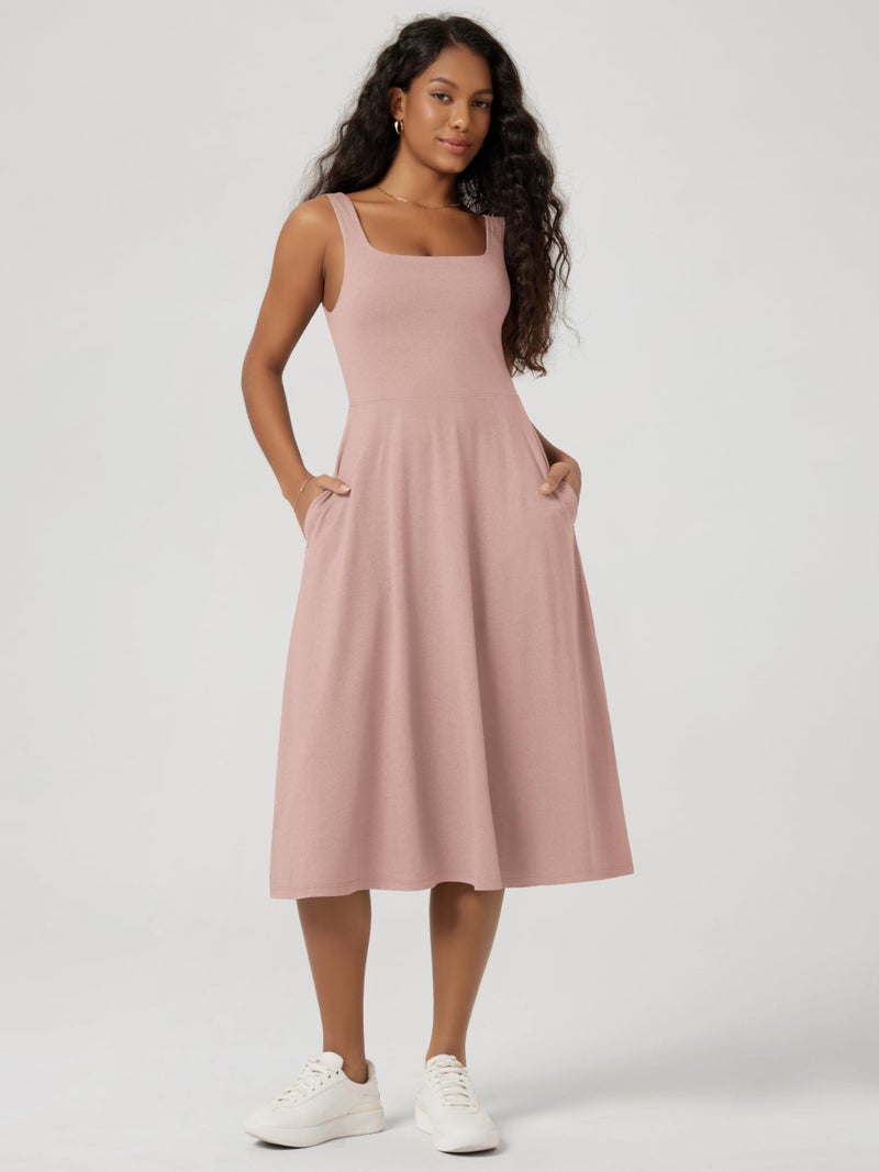 ODODOS Women's Square Neck Midi Dress with Pockets - Ultra Soft odSTRATUM Tech Summer Sleeveless Sundress Flare Tank Dress, Rose Pink Heather, Medium - Image 2