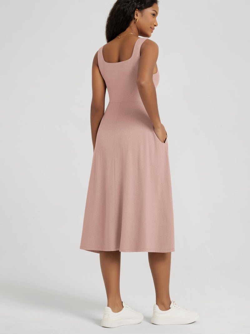 ODODOS Women's Square Neck Midi Dress with Pockets - Ultra Soft odSTRATUM Tech Summer Sleeveless Sundress Flare Tank Dress, Rose Pink Heather, Medium - Image 3