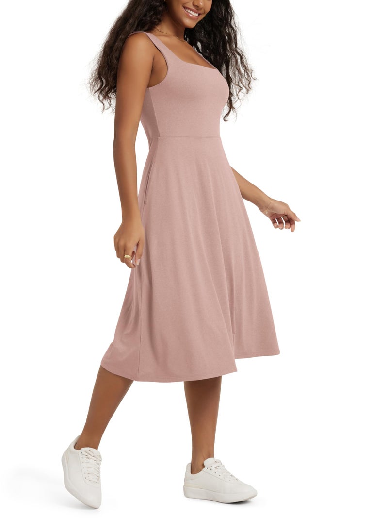 ODODOS Women's Square Neck Midi Dress with Pockets - Ultra Soft odSTRATUM Tech Summer Sleeveless Sundress Flare Tank Dress, Rose Pink Heather, Medium - Image 1