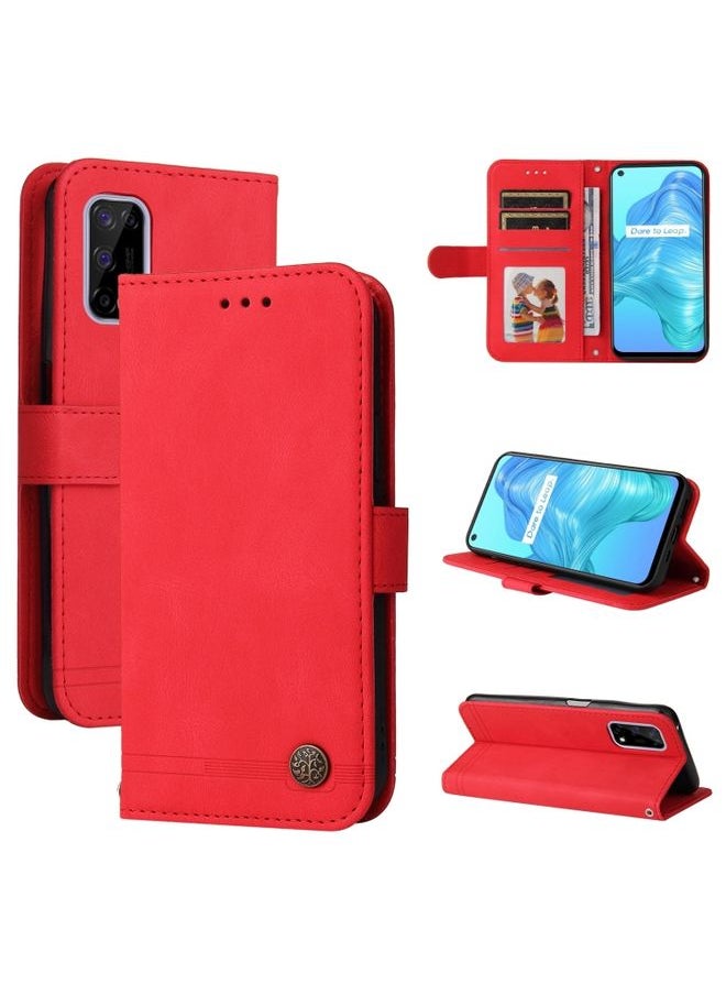 HuHa Case Cover For Realme 7 5G / V5 5G Skin Feel Life Tree Metal Button Horizontal Flip Leather Case with Holder & Card Slot & Wallet & Photo Frame & Strap Red 