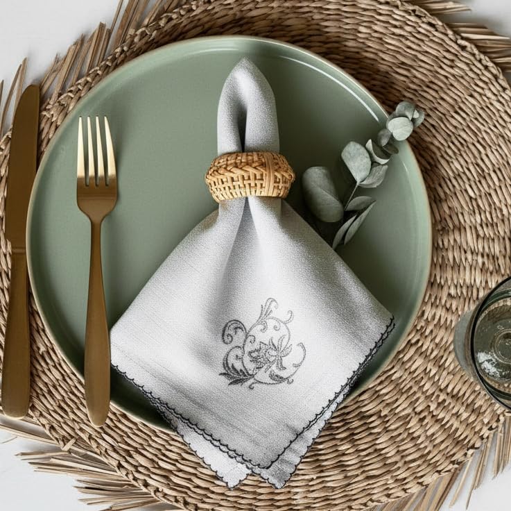 Rustique Linens 100% Cotton Embroidered Cloth Napkins – Set of 6 Large 46 x 46 cm | Soft, Absorbent Dinner Napkins for Dining Table & Kitchen | Grey Lily - Image 3