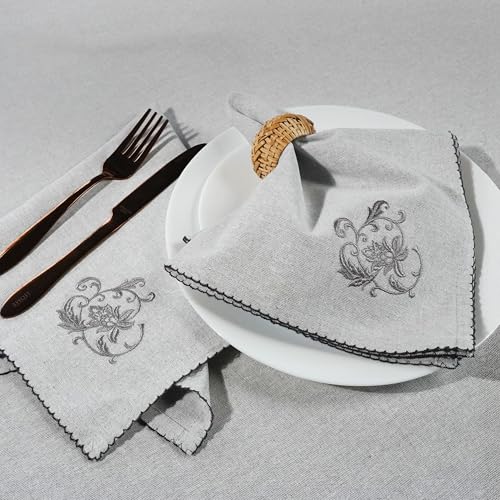 Rustique Linens 100% Cotton Embroidered Cloth Napkins – Set of 6 Large 46 x 46 cm | Soft, Absorbent Dinner Napkins for Dining Table & Kitchen | Grey Lily - Image 1