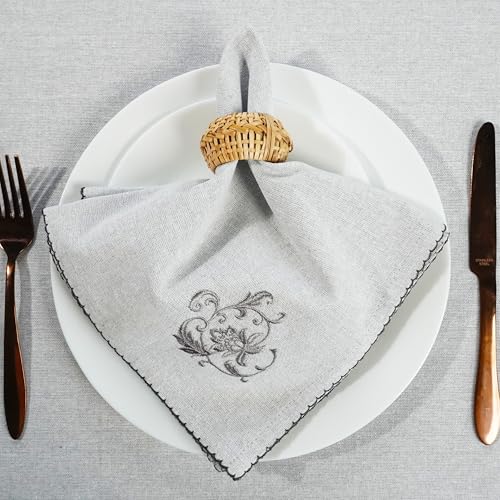 Rustique Linens 100% Cotton Embroidered Cloth Napkins – Set of 6 Large 46 x 46 cm | Soft, Absorbent Dinner Napkins for Dining Table & Kitchen | Grey Lily - Image 2