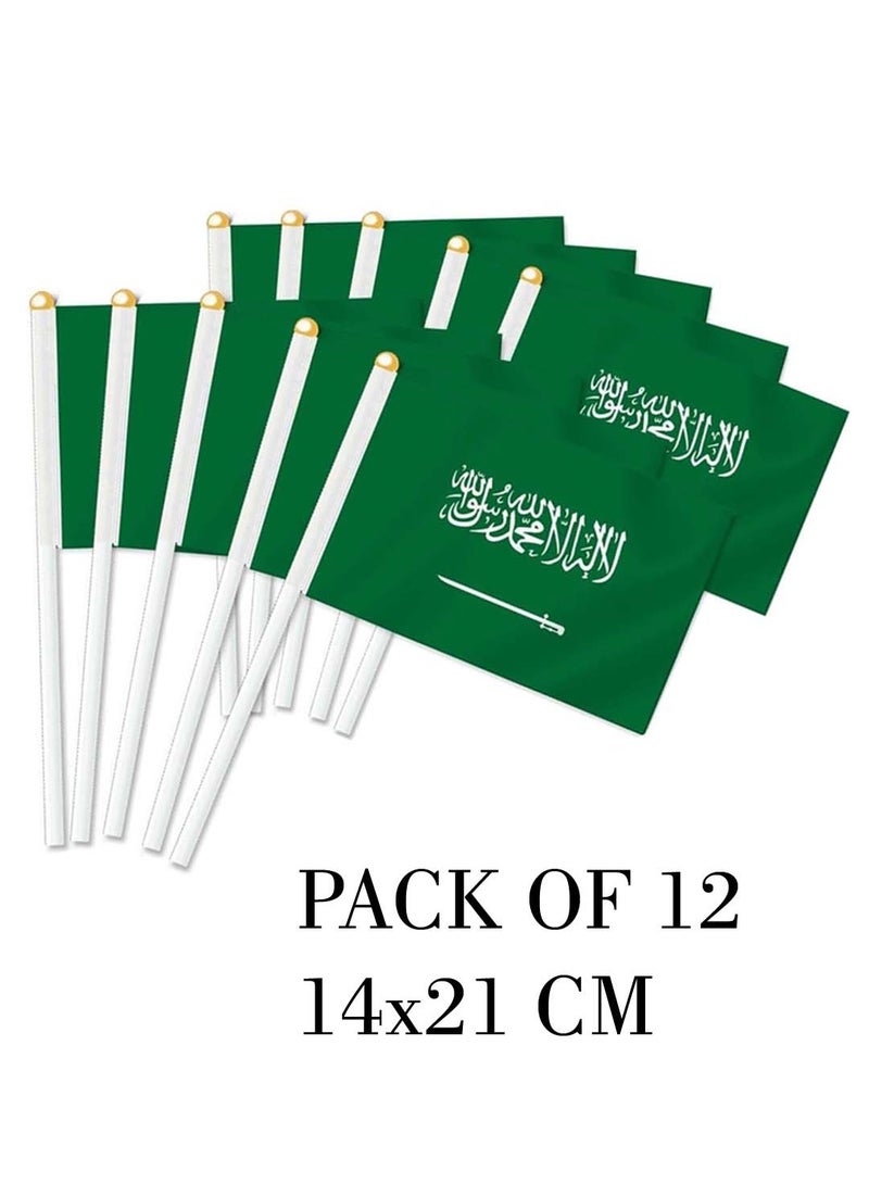 علم المملكة العربية السعودية المحمول باليد 14 × 21 سم، 12 قطعة من العلم الصغير، علم المملكة العربية السعودية، لوازم زينة الحفلات للعروض، كأس العالم، فعاليات المهرجانات.
