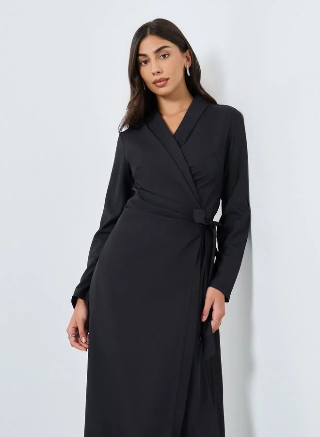 Black Wrap Midi Dress with Tie Detail