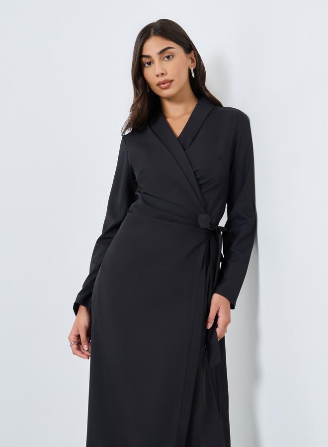 Styli Black Wrap Midi Dress with Tie Detail - Image 1