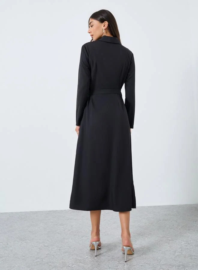 Styli black Black Wrap Midi Dress with Tie Detail for Women | Best Price UAE