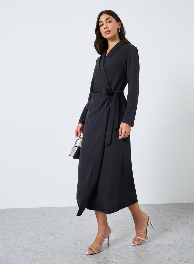 Styli Black Wrap Midi Dress with Tie Detail - Image 2