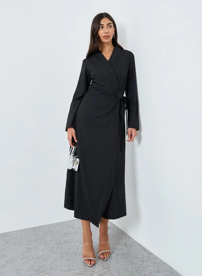 Styli black Black Wrap Midi Dress with Tie Detail for Women | Best Price UAE