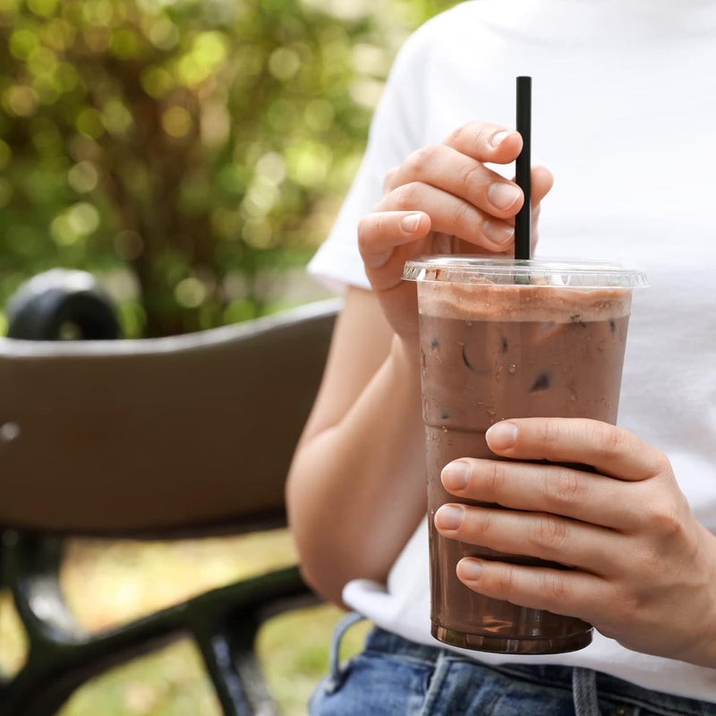 AIOS 50 x Disposable Takeaway Soda Cups with Lids. 400ml/14oz. Includes straws pk of 50. For drinks on the move, parties, camping, picnics, garden, home and fits car holders. Iced or hot drinks. - Image 1
