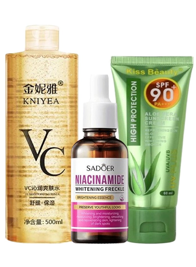 SADOER KNIYEA VC Toner Niacinamide Serum Sunscreen SPF 90 Plus PA Plus Plus Plus Brightening Hydrating Skin Care Set for Women All Skin Types  - Image 1