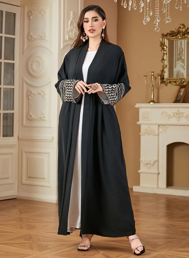 تايك تو Black A-Line Maxi Abaya with Embroidered Cuffs
