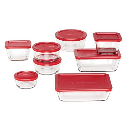 Anchor Hocking Classic Glass Food Storage Containers with Lids, Red, 16-Piece Set - Image 1
