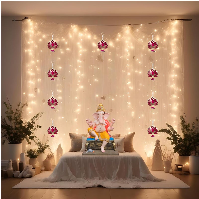 RR Crafts RR Crafts Pooja Decoration Items for Home Decor with LED Lights Handmade Lotus Backdrop Net Curtain with Ribbons SelfAdhesive Hook 16 Pcs Backdrop for Ganpati Decoration Janamshtami Diwali