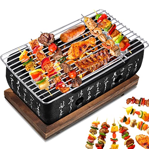 Hortsun Japanese Style Grill Portable Japanese Barbecue Aluminum Alloy Hibachi Grill Charcoal Stove Yakitori Household Charcoal with Wire Mesh Wooden Base - Image 1