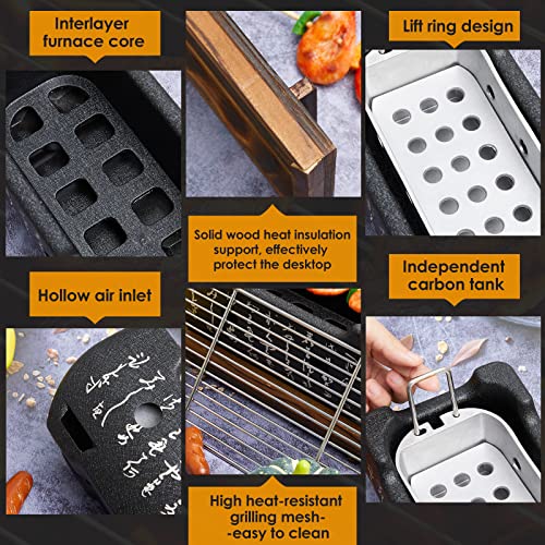 Hortsun Japanese Style Grill Portable Japanese Barbecue Aluminum Alloy Hibachi Grill Charcoal Stove Yakitori Household Charcoal with Wire Mesh Wooden Base - Image 4