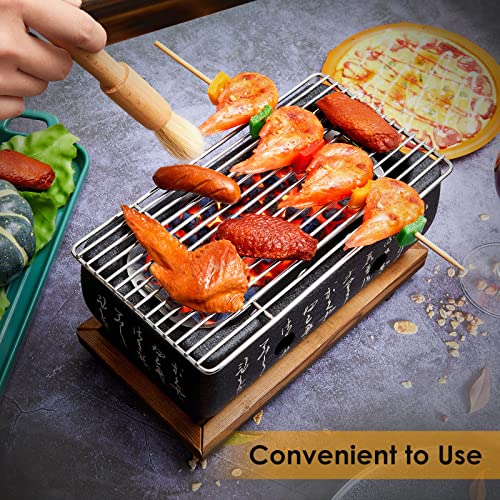 Hortsun Japanese Style Grill Portable Japanese Barbecue Aluminum Alloy Hibachi Grill Charcoal Stove Yakitori Household Charcoal with Wire Mesh Wooden Base - Image 3