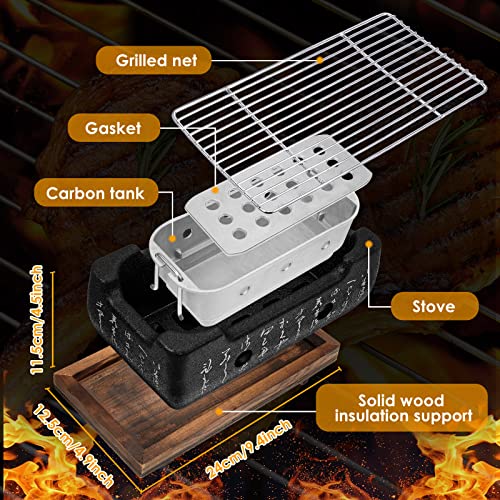 Hortsun Japanese Style Grill Portable Japanese Barbecue Aluminum Alloy Hibachi Grill Charcoal Stove Yakitori Household Charcoal with Wire Mesh Wooden Base - Image 2