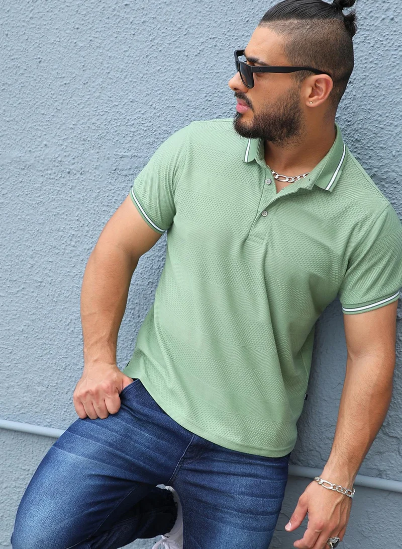 Instafab Plus Instafab Plus Men's Green Self-Design Horizontal Striped T-Shirt For Casual Wear | Spread Collar | Short Sleeve | Half-Button Closure | Polycotton T-Shirt Crafted With Comfort Fit For Everyday Wear