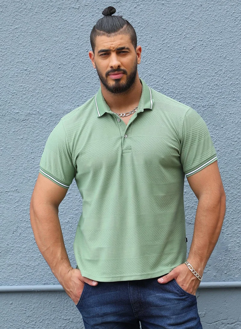 Instafab Plus Instafab Plus Men's Green Self-Design Horizontal Striped T-Shirt For Casual Wear | Spread Collar | Short Sleeve | Half-Button Closure | Polycotton T-Shirt Crafted With Comfort Fit For Everyday Wear